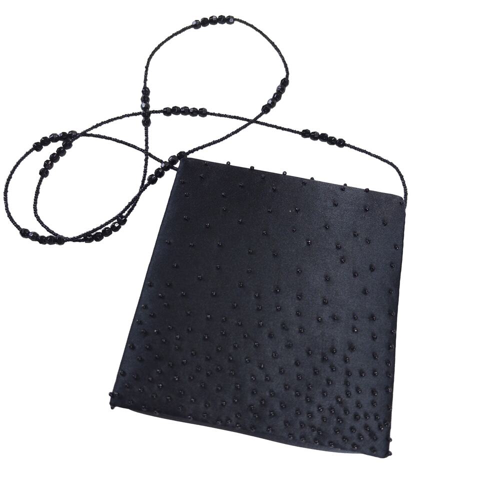 Jessica McClintock VTG Black Satin Beaded Evening Bag Crossbody Formal Y2K